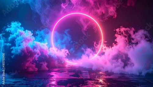 Neon ring of light surrounded by vibrant, colorful smoke and reflections on a wet surface
