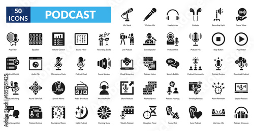 Podcast Glyph Icon Set. Mic Stand, Wireless Mic, Headphones, Earbuds, Recording Light, Sound Wave, Play Button