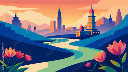 Vibrant cityscape at sunset