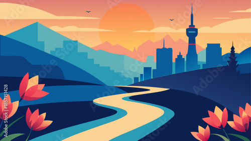 Sunset over mountain cityscape