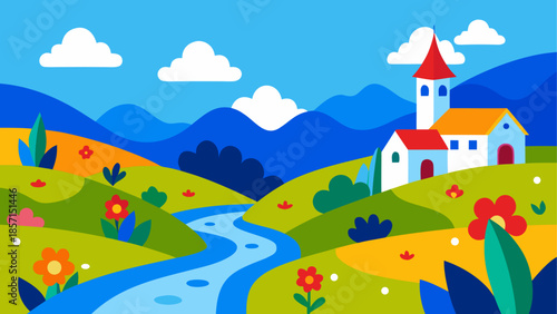Vibrant countryside with church and river