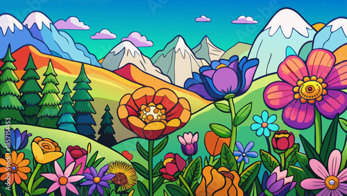 Vibrant mountain meadow blooming with flowers