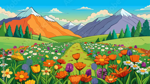 Vibrant mountain valley with wildflowers