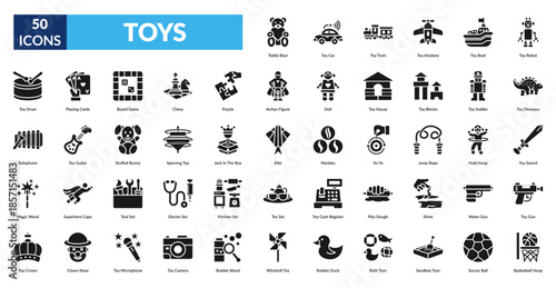 Toys Glyph Icon Set. Teddy Bear,  Car,  Train,  Airplane,  Boat,  Robot,  Dinosaur