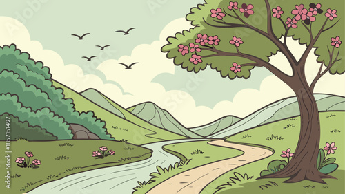 Serene landscape with blossoming tree
