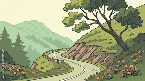 Winding mountain road through lush forest