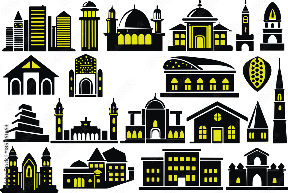 Obraz premium Architectural icons set, mosque, skyscraper, traditional house, cultural buildings, historical landmarks, black and yellow vector illustration for design, decor, education