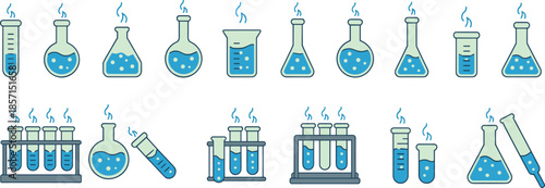 Cartoon laboratory glassware vector illustration, chemistry icons, blue liquid reactions, scientific experiment setup, educational science design