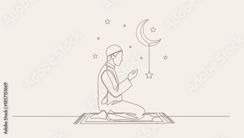 Muslim man praying on rug, crescent moon and stars, minimalist line art