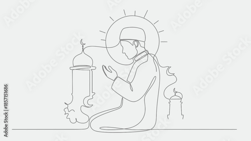 Muslim man praying, Islamic prayer, continuous line art, mosque and sun background