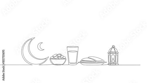 Ramadan Iftar Symbols: Crescent Moon, Dates, Water, and Lantern - Line Art