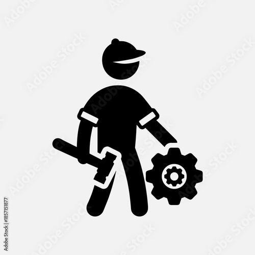 Black silhouette of a worker wearing a cap, holding a wrench and a gear, representing maintenance or engineering.