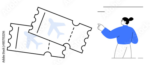 Travel planning, tourism, air journey, booking process, ticketing services, vacation readiness. Two airline tickets with airplane symbols and a person gesturing. Travel planning and tourism theme