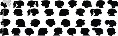 Human hairstyle silhouette vector, profile heads, black icon, hair diversity, side view, ponytail, bun, braid, curly, short hair