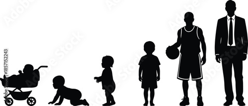 Human growth silhouette, baby to adult stages, life development timeline, black vector illustration, physical progression concept, educational biology design