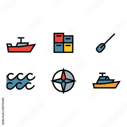 Maritime transport icons representing shipping and navigation