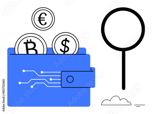 Digital wallet concept. Digital wallet with Bitcoin, Euro, and Dollar coins cryptocurrency and fintech usage. Digital wallet supports blockchain innovation. For finance, apps, e-commerce, payments