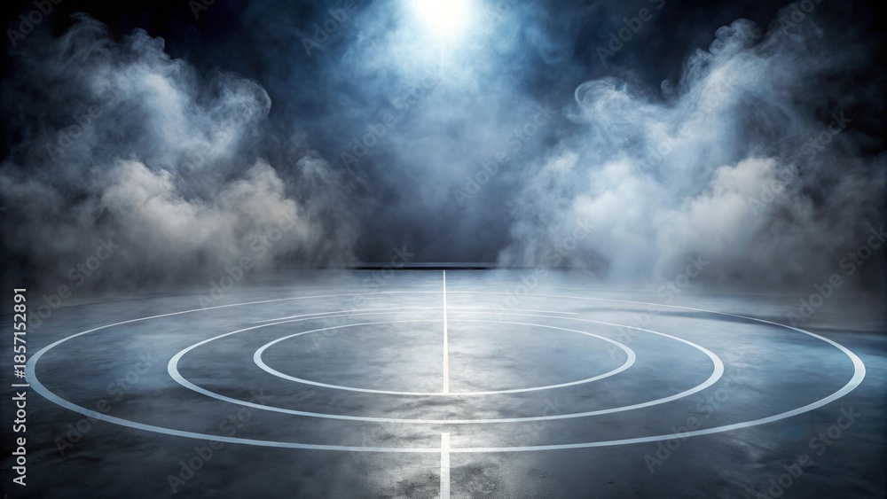 Fototapeta premium Mysterious Arena Dark Concrete Floor with Circular Markings and Atmospheric Fog