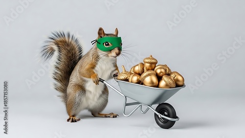 Squirrel wearing a superhero mask pushing a wheelbarrow of golden acorns animal rodent