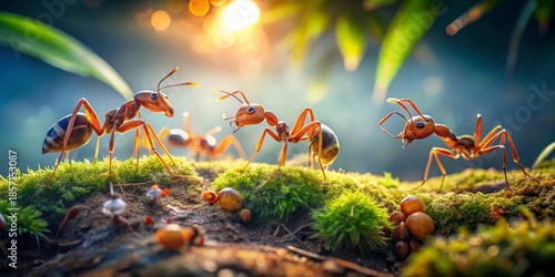 Close-up of minuscule insects interacting on a vibrant mossy surface with soft golden sunlight filtering through foliage