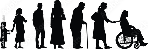 Human life progression silhouette, aging and care concept, black vector figures, childhood to elderly journey, family support illustration, development timeline