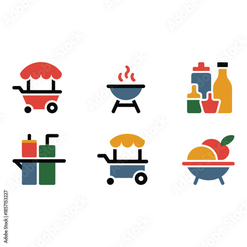 Outdoor food cart and barbecue icons set
