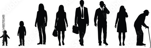 Human life stages development evolution progression sequence from toddler childhood woman man to elderly senior with walking stick silhouette vector