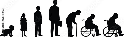 Human life stages silhouette, aging progression, baby to elderly, mobility changes, vector icons, black graphic, minimal design, development timeline, aging concept