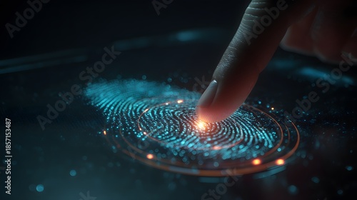 Digital fingerprint scanner displays an illuminated and glowing fingerprint as a person's finger touches the surface, demonstrating biometric security through intricate digital lines and points.