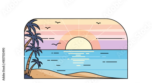 Serene sunset over a calm beach with palm trees and vibrant sky hues