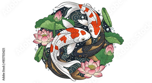 Elegant illustration of koi fish swimming among lotus flowers in water with intricate swirling
