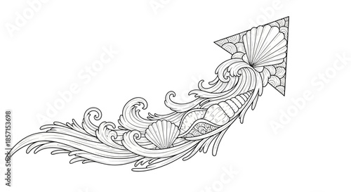 Intricate Black and White Line Drawing of a Nautical Fish and Wave Design for Artistic Projects