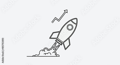 Minimalistic Rocket Launch Illustration with Upward Growth Arrow in Line Art Style
