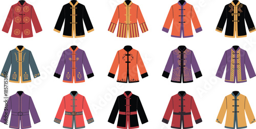 Collection of Chinese Traditional Tang Suit Jackets Vector, Asian Oriental Male Apparel with Mandarin Collar, Embroidery Patterns, and Frog Button