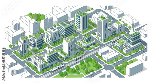 illustration of a modern urban cityscape with green rooftops and contemporary buildings design
