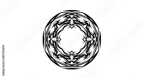 Intricate circular black and white geometric mandala design with symmetrical patterns
