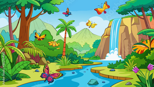 Vibrant jungle landscape with butterflies and waterfall