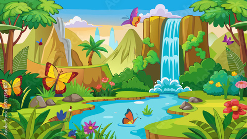 Vibrant tropical landscape with waterfall