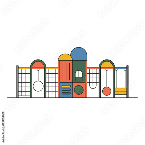 Colorful playground structure with climbing frames and swings