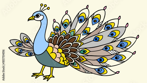 Illustrated peacock displaying its tail
