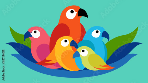 Vibrant parrots perched on leaves