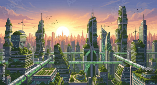 futuristic cityscape with towering green skyscrapers and interconnected walkways at sunset