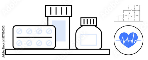 Healthcare concept. Healthcare with medicine bottles, pills, and heartbeat symbol. Healthcare for treatments, wellness approaches, pharmaceutical practices, and patient care