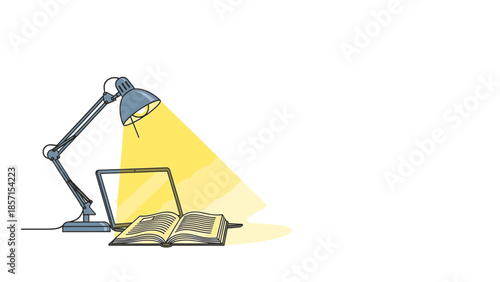 Minimalist vector art of a desk lamp illuminating an open book and laptop, representing focused study and knowledge pursuit