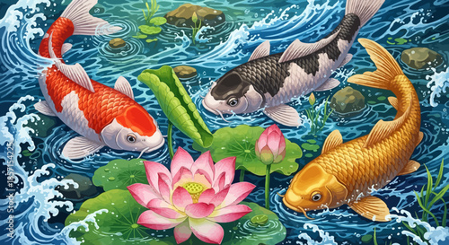 Colorful koi fish swimming around lotus flowers in a tranquil pond scene