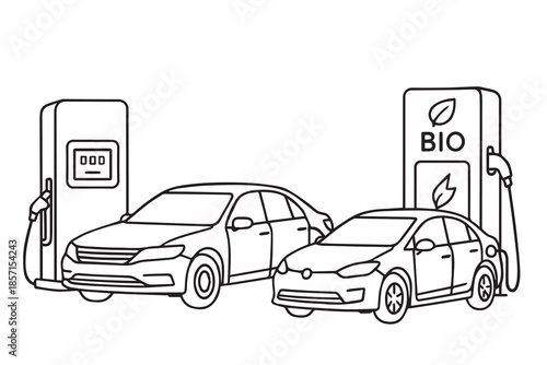 Clean simple vector of two cars refueling using bio based eco fuel, highlighting sustainability, green lifestyle, renewable energy use, and environmentally friendly transportation concept.