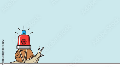 A humorous illustration of a slow-moving snail carrying a bright, urgent flashing red siren