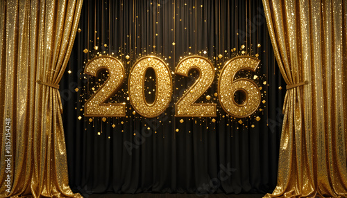 Golden numbers illuminated on a dark stage with sequin curtains new year celebration