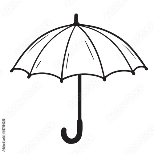 Minimalist vector illustration of an open umbrella icon, featuring simple lines and balanced shape, representing rain, shelter, calm mood, and functional design for digital use.