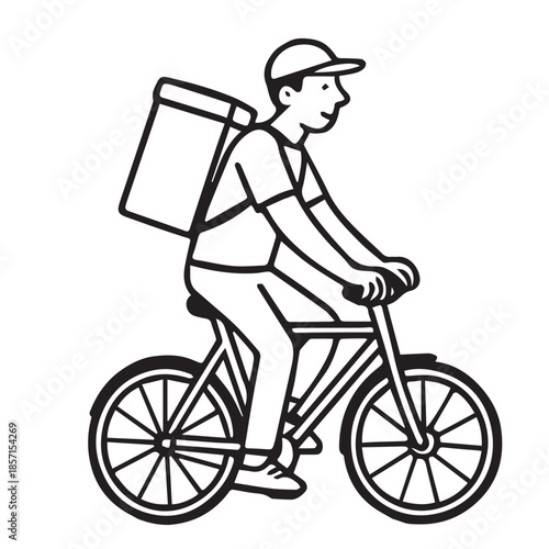 Vector illustration of a delivery service using a bicycle, showing a male courier riding confidently through the city, representing fast shipping, eco friendly transport, and modern urban logistics.